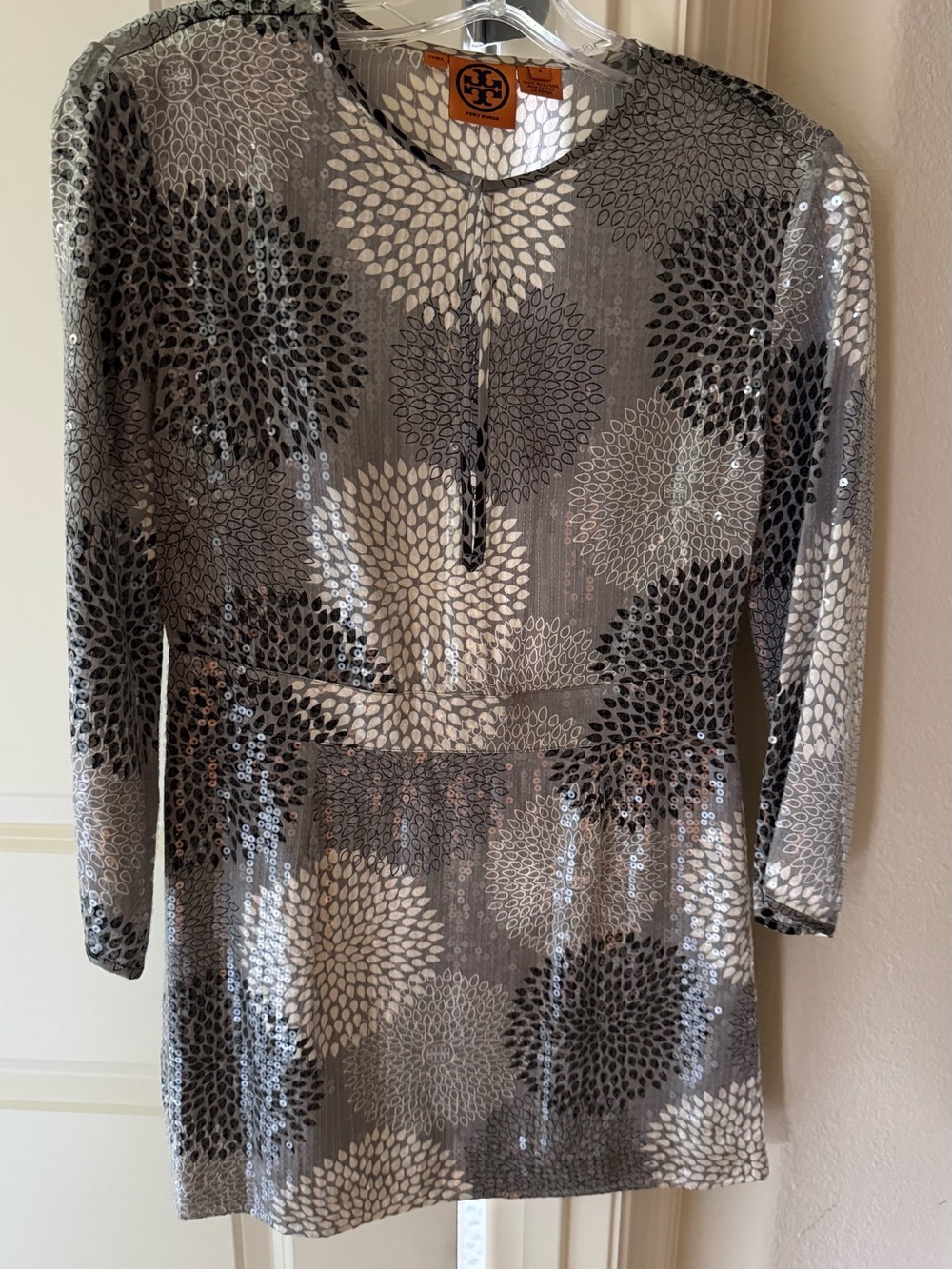 Tory Burch Silver and Gray Sequin Floral Tunic